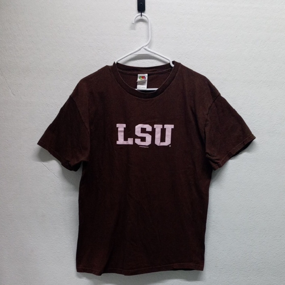 Fruit of the Loom Y2K Brown And Pink LSU Print Short Sleeve Tee